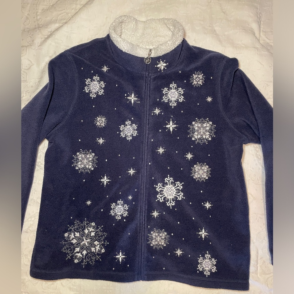 Croft & Barrow Women Fleece Sherpa Trim Holiday Snowflake Jacket XL Navy White